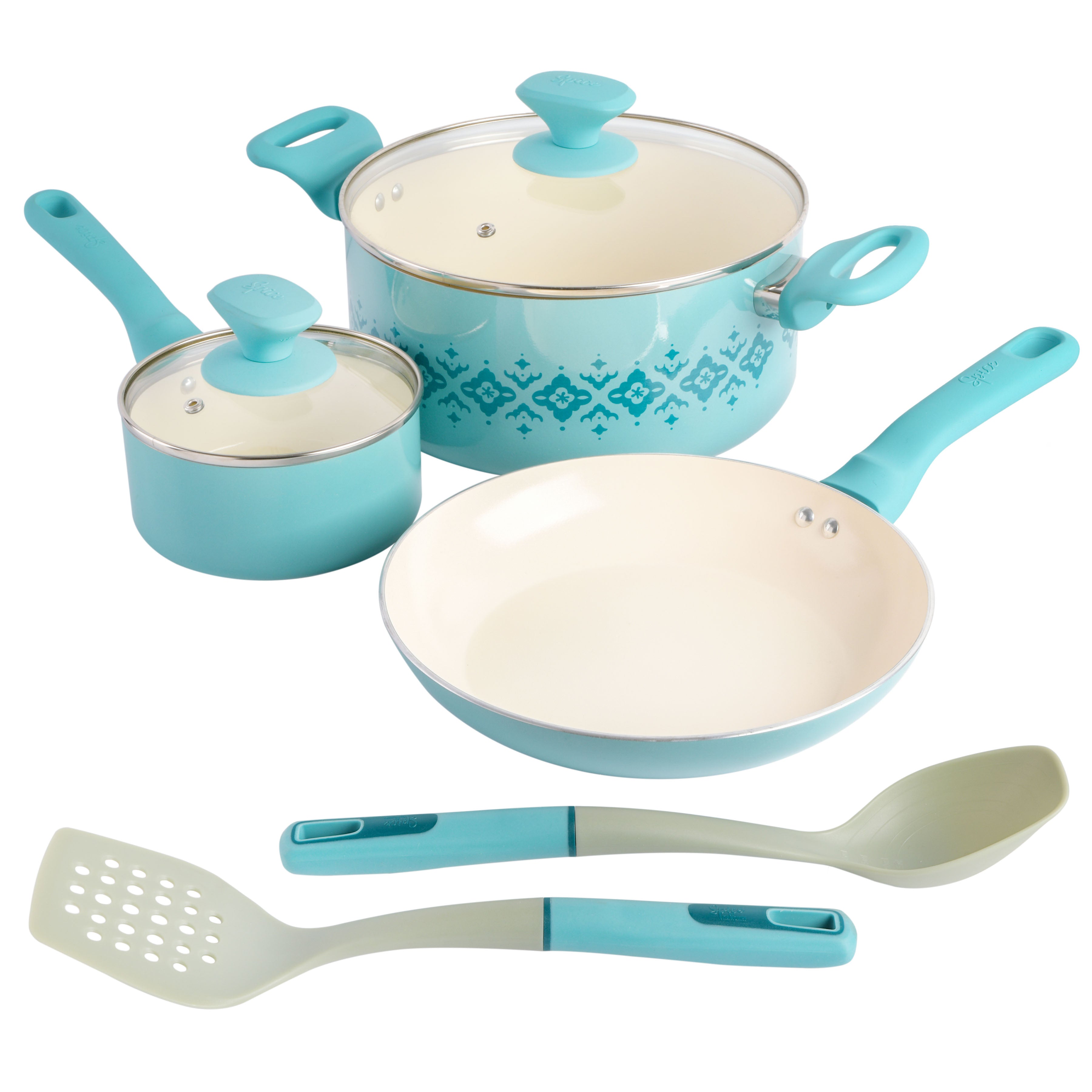 Spice by Tia Mowry Savory Saffron 7-Piece Aluminum Cookware Set w/ Healthy Non-Stick Ceramic Interior